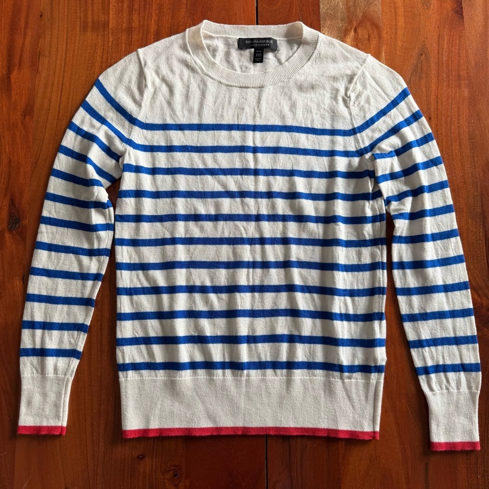 Banana Republic Blue and Cream Striped Crewneck Sweater with a Fun Pop of Red - Picture 1 of 8